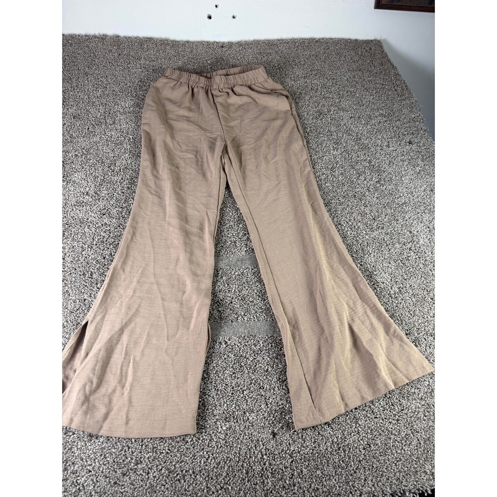 Dazy Flare Pants Women's Beige High Waist Elastic Side Slit Knit Classic - M